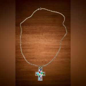 VINTAGE CROSS PENDANT ENAMEL “TERRA SANCTA GUILD” COLORFUL DESIGN AND LONG CHAIN